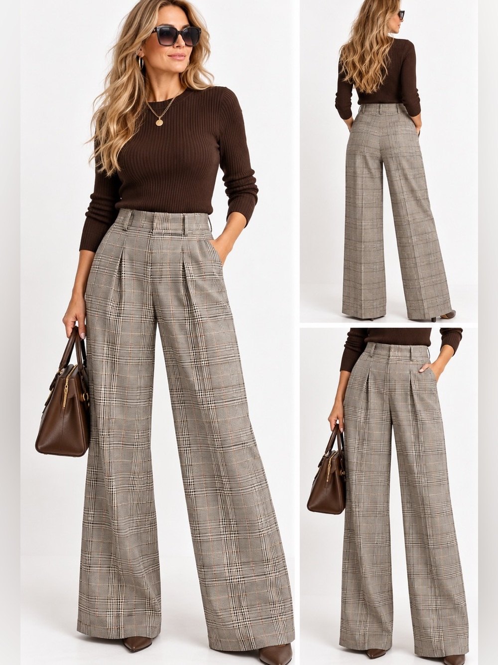 192.NWT pull -on High-Waist Wide Leg Plaid Trousers - Brown